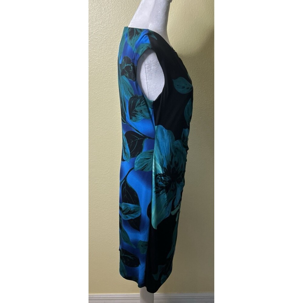 RN Studio Ronni Nicole Black Blue Green Floral Faux Wrap Ruched Keyhole Sz 10P - Picture 5 of 8